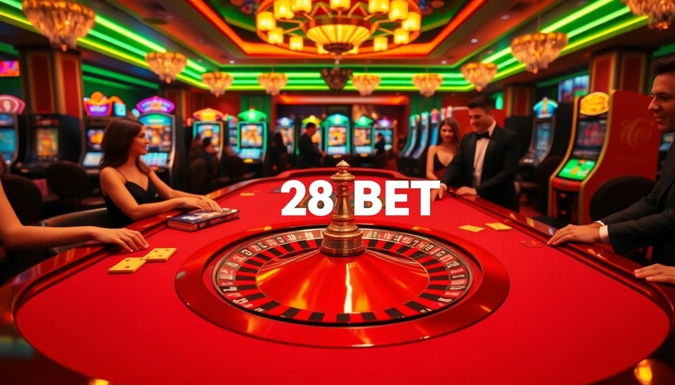 Players enjoying a thrilling roulette game at 28BET casino, showcasing vibrant chips and cards.