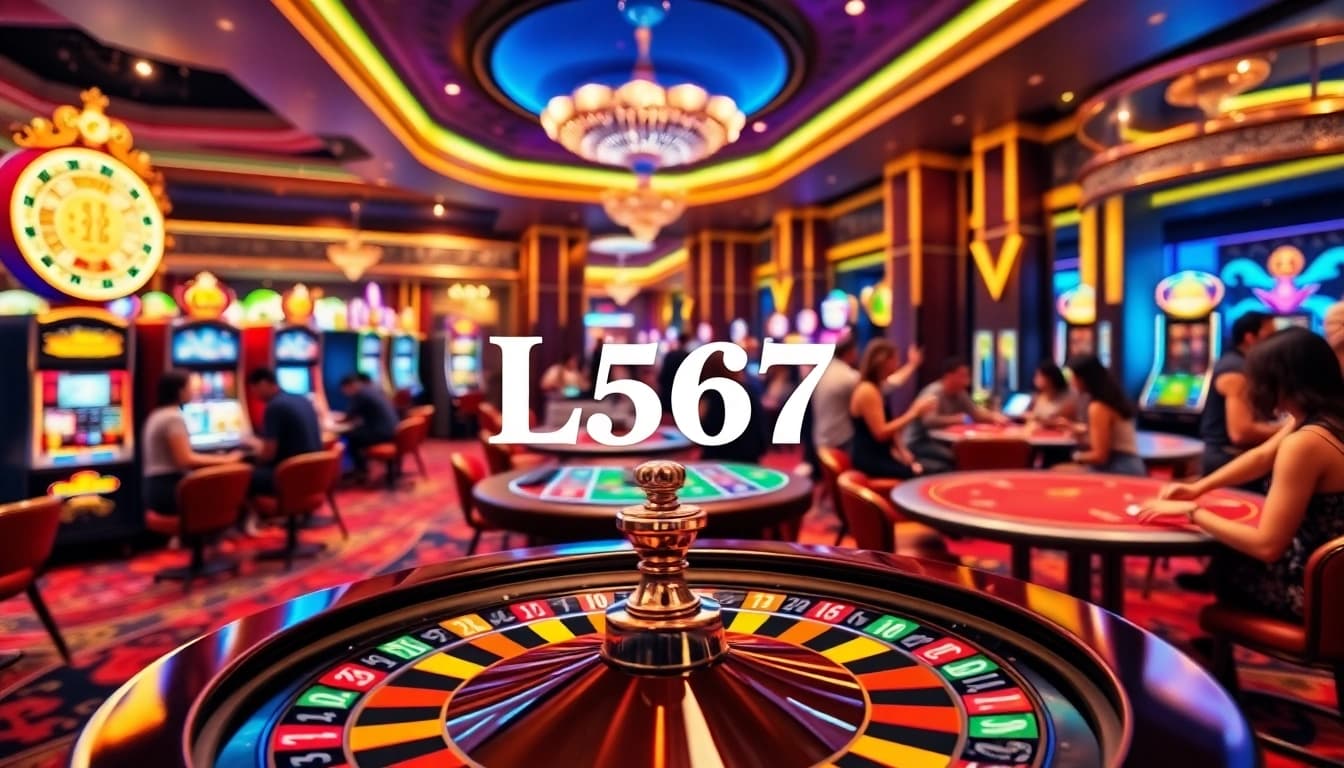 L567 online gambling interface showcasing a lively casino atmosphere with diverse players engaged in various games.