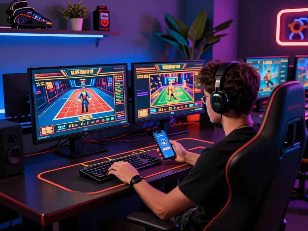 Player using the 33nn app on a smartphone while engaged in online gaming experience with multiple game displays.