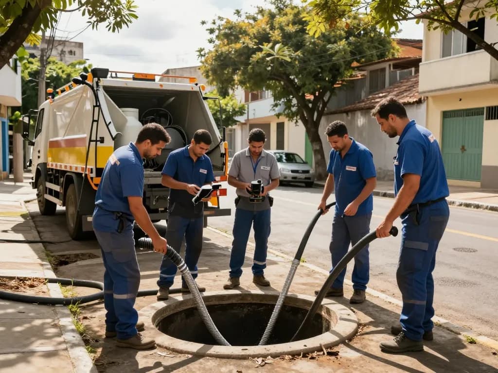 Limpa fossa em São Paulo with professionals conducting a septic system cleaning service using advanced equipment in an urban setting.