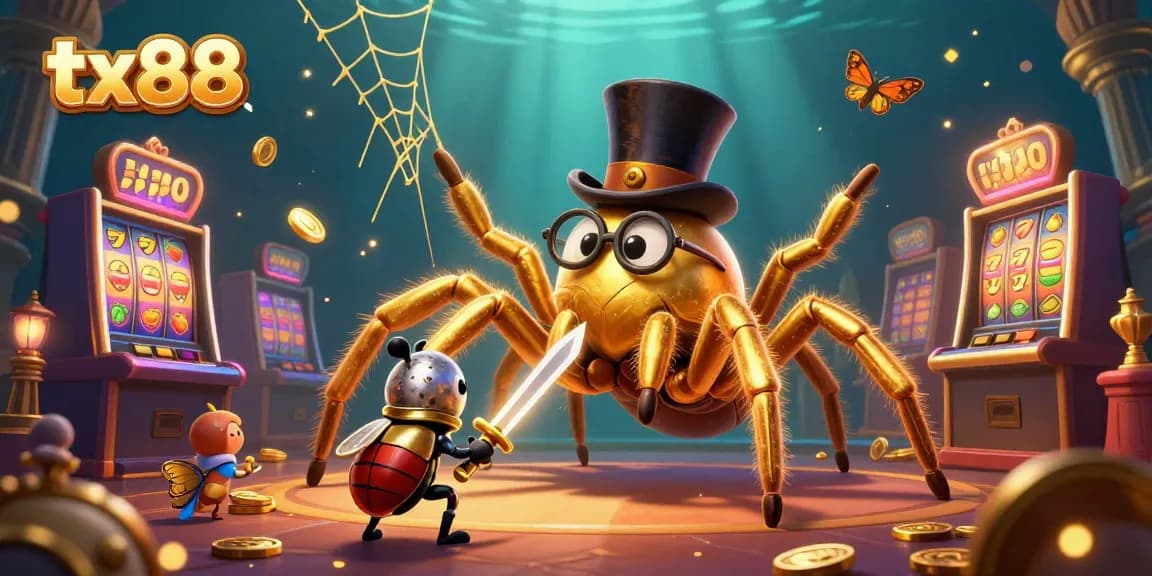 Win big with tx88 in a vibrant casino scene featuring a golden tarantula and beetle knight.