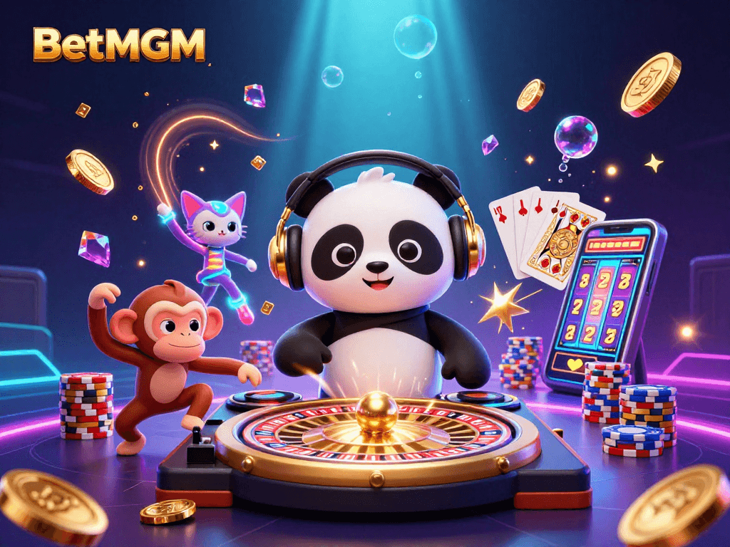 Experience the dynamic fun of BetMGM with colorful characters and casino elements in a festive scene.