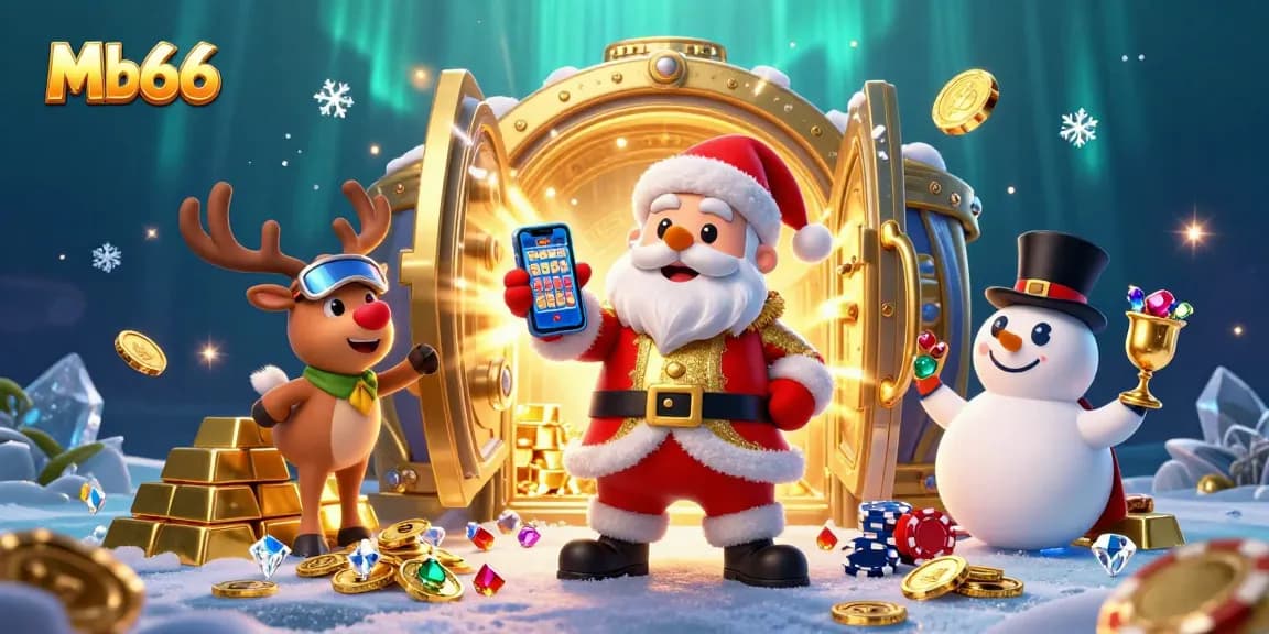 Engage in thrilling gameplay at Mb66 Casino with a festive illustration featuring Santa and friends amidst jackpots.