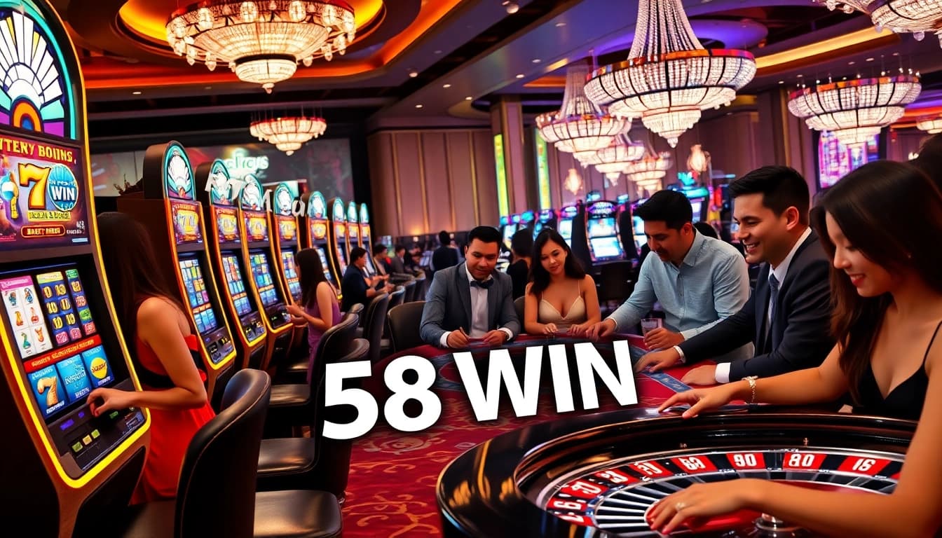 Experience the excitement of 58 WIN at a luxurious casino with vibrant slot machines and engaged players.