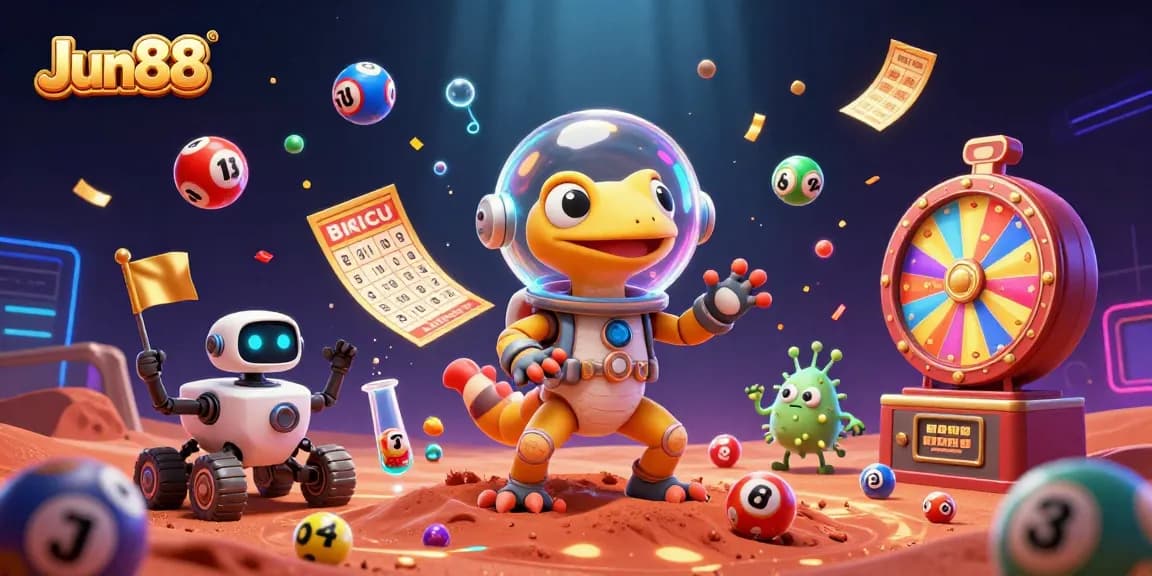 Experience Jun88's thrilling slots with a Martian gecko uncovering a golden casino treasure!