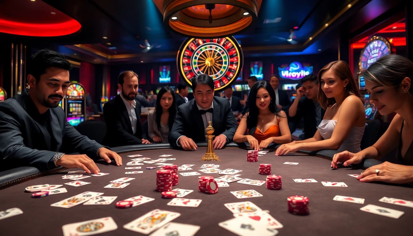 Exciting scene at LC88 com showcasing diverse gamblers around a poker table with vibrant casino elements.