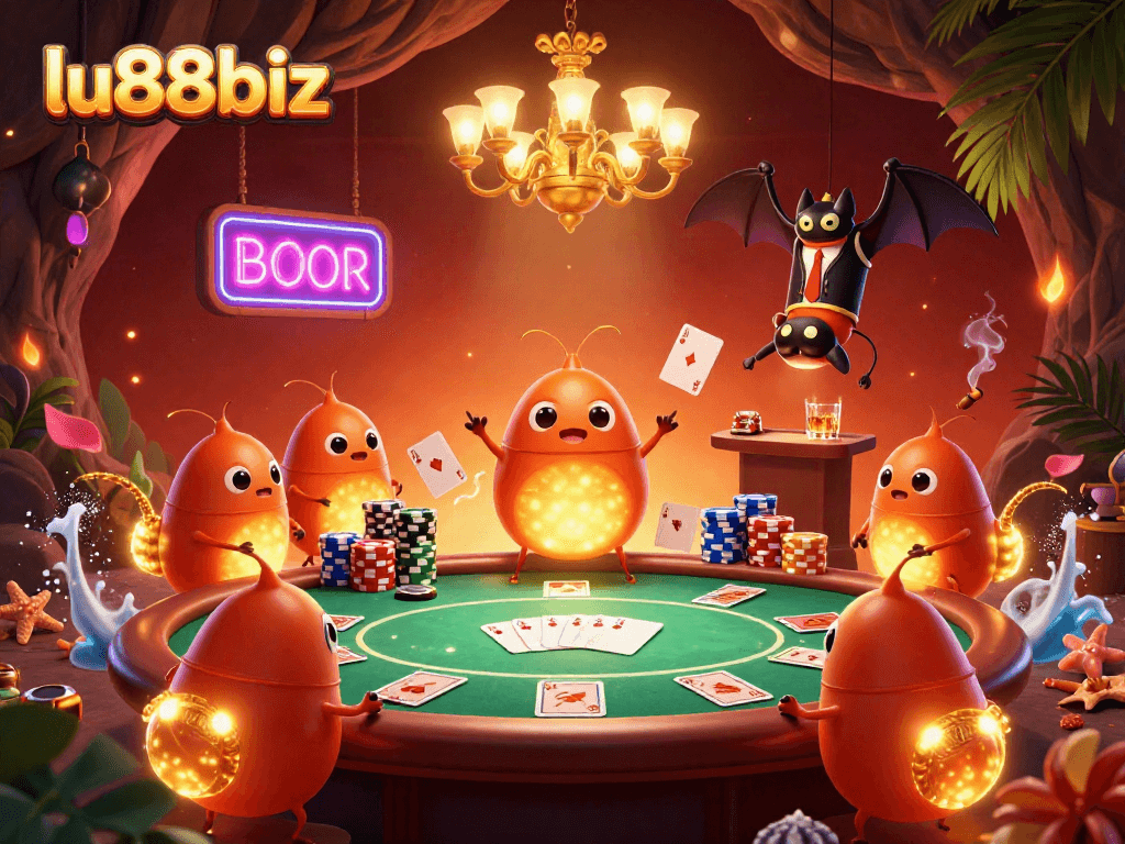 Engage with lu88biz while vibrant glowworms illuminate a dynamic casino scene with poker excitement.