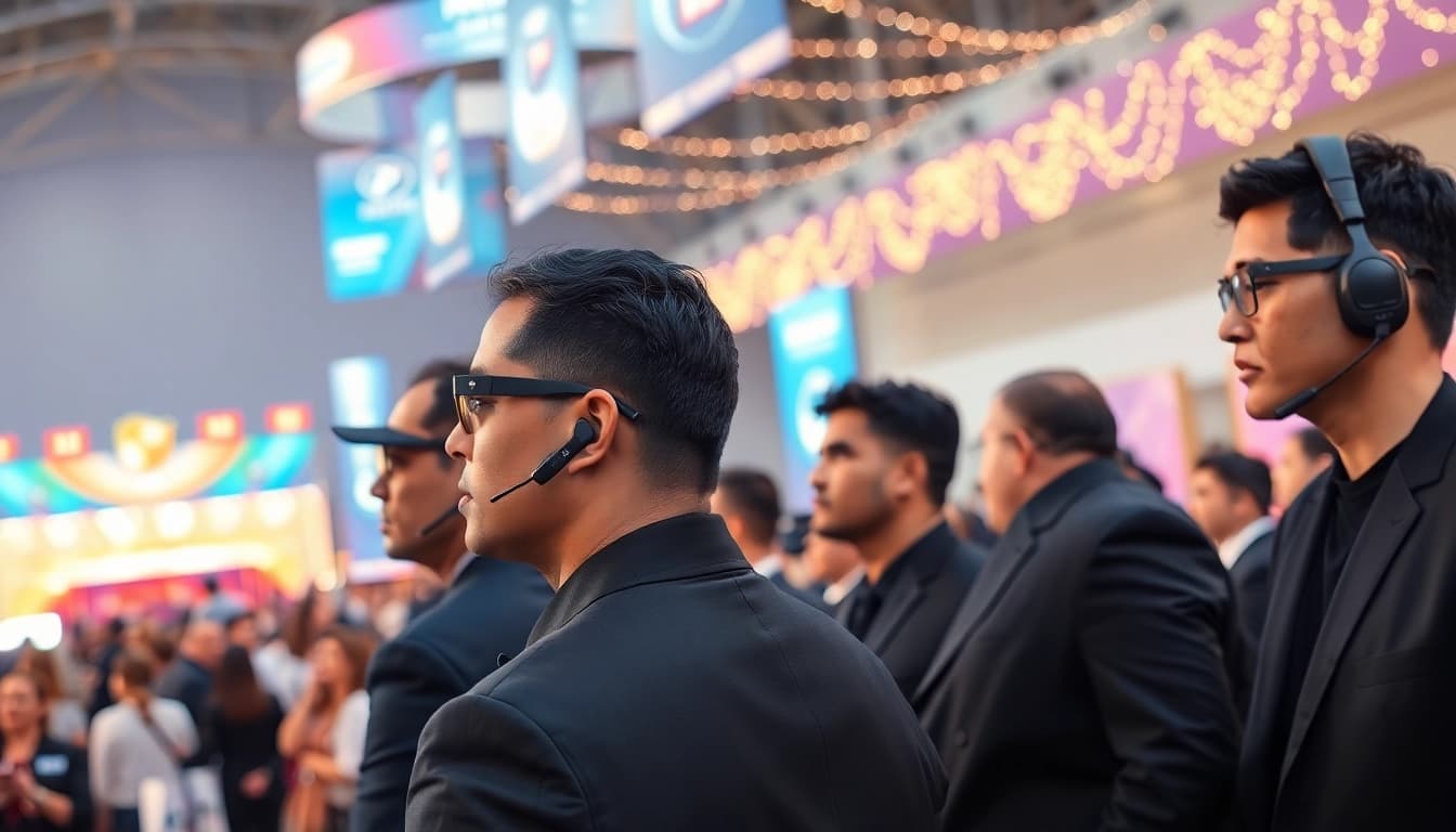 Ensure Event Security with vigilant personnel supervising a busy event, maintaining safety and order.