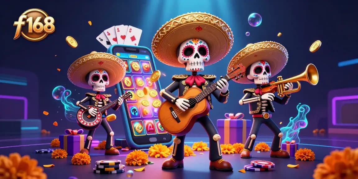 Play vibrant slot games with f 168's colorful skeleton mariachi band illustration