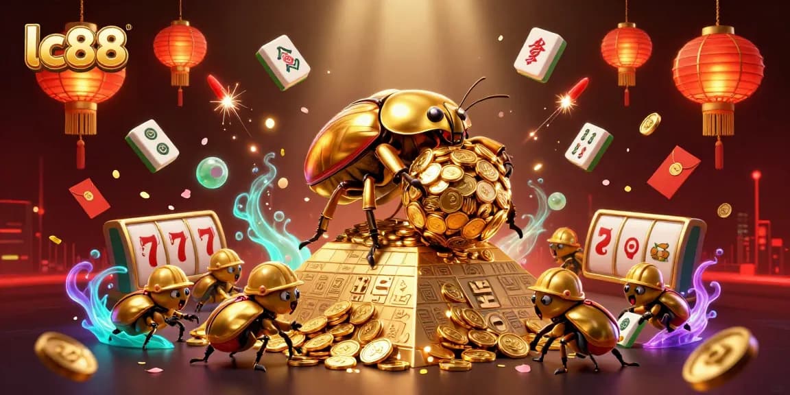 Engage with lc88's vibrant slots scene featuring cartoon beetles and jackpot elements.
