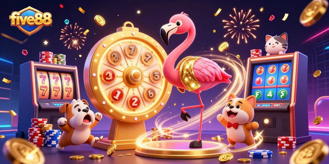 Win big with five88 in this exciting casino game show scene, featuring vibrant characters and dazzling rewards.