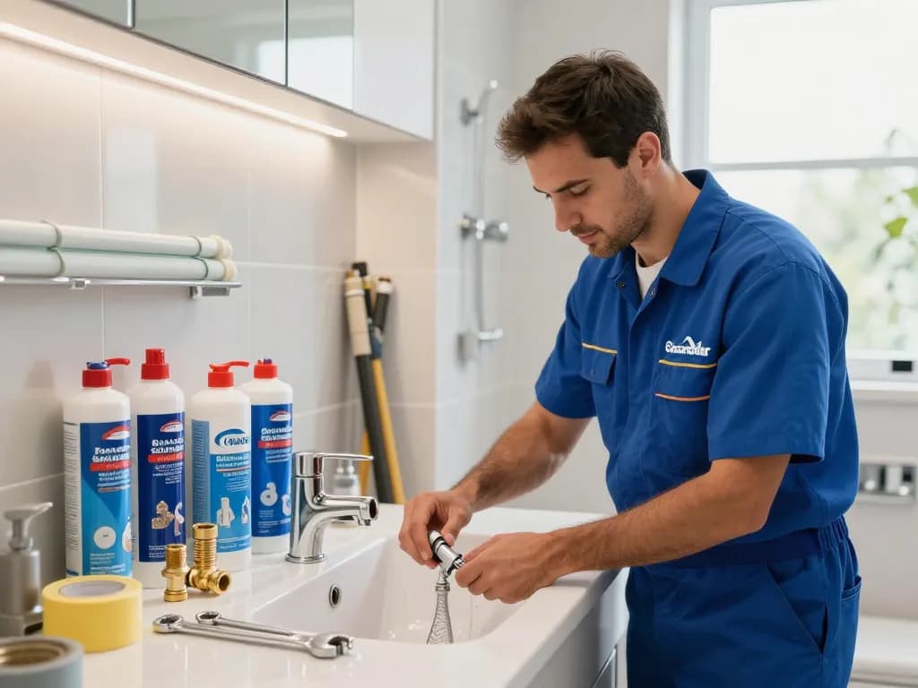 Plumber in São Paulo repairing sink with PEX pipes and tools.