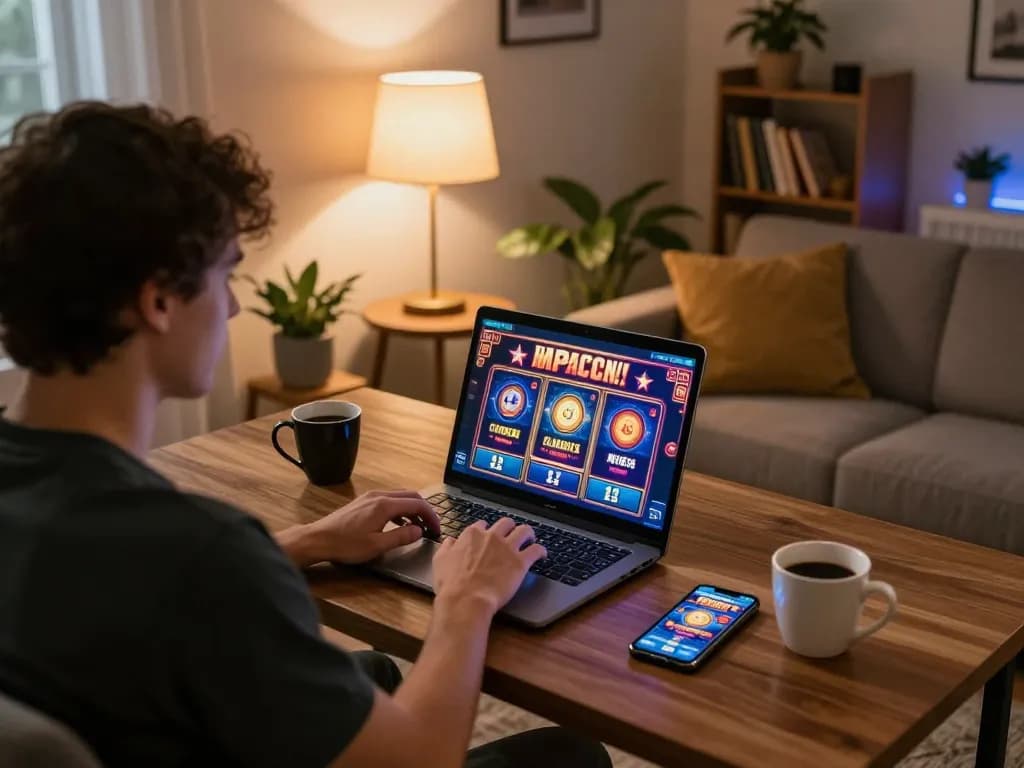 Engaged player exploring lc888 log for online slots in a cozy home gaming setup