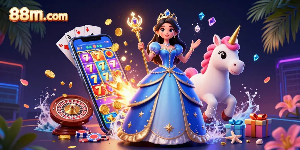 Win big at 88m. com with a captivating scene of a glamorous casino lady and unicorn.