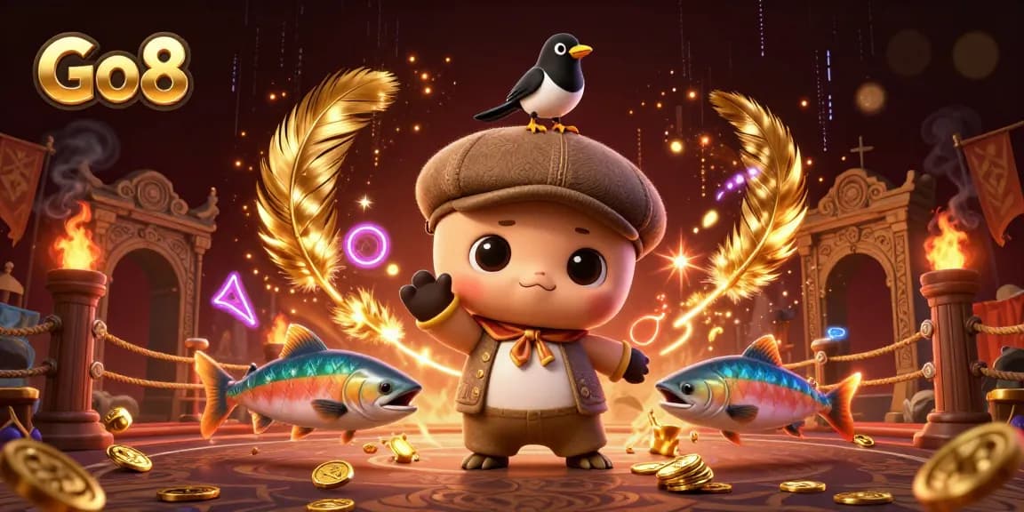 Engage with Go8's thrilling online gaming environment featuring cute characters and vibrant casino elements.