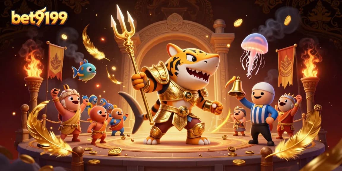 Experience the excitement of bet9199 with a fierce tiger shark in underwater combat, surrounded by vibrant casino elements.