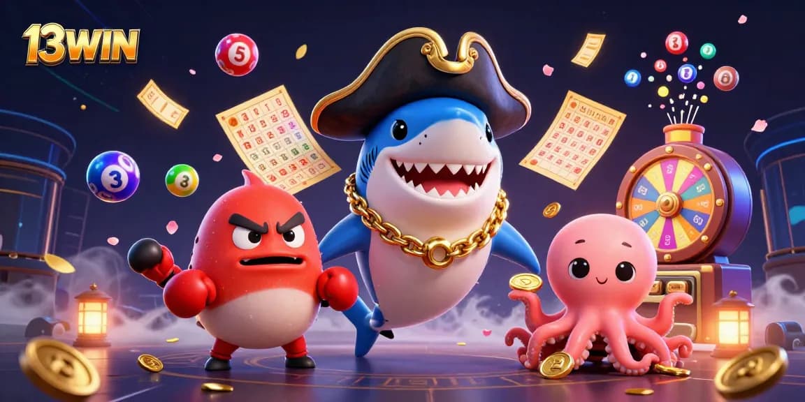 13WIN pirates celebrate lotteries with bouncing balls, gold coins, and casino elements.