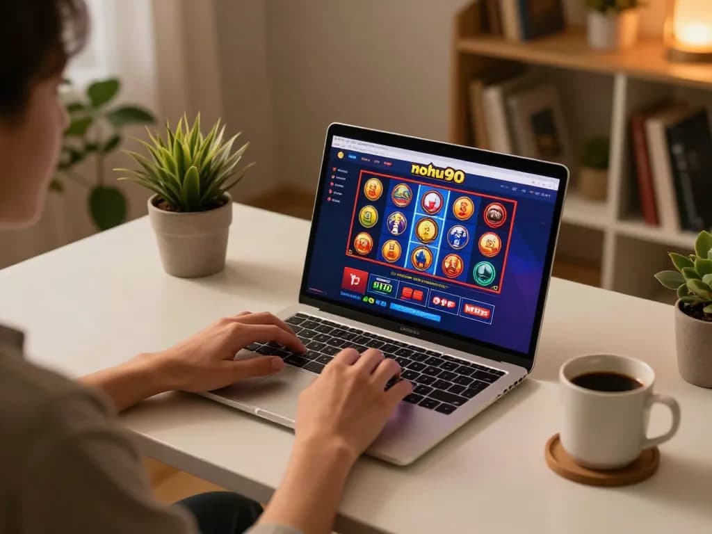 Nohu90 player enjoying slot games online on a stylish desk.