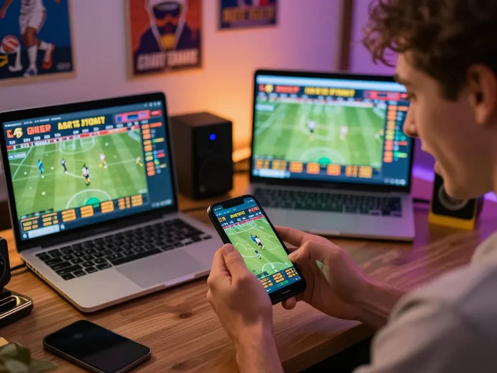 Excited bettor using smartphone for sports betting at 789betss with live odds displayed.