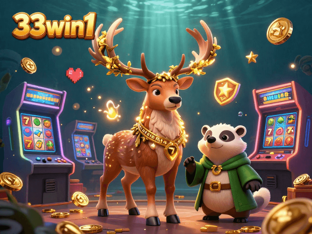 Spin and win with 33win1, featuring vibrant slot reels and gaming elements in a rich 3D scene.