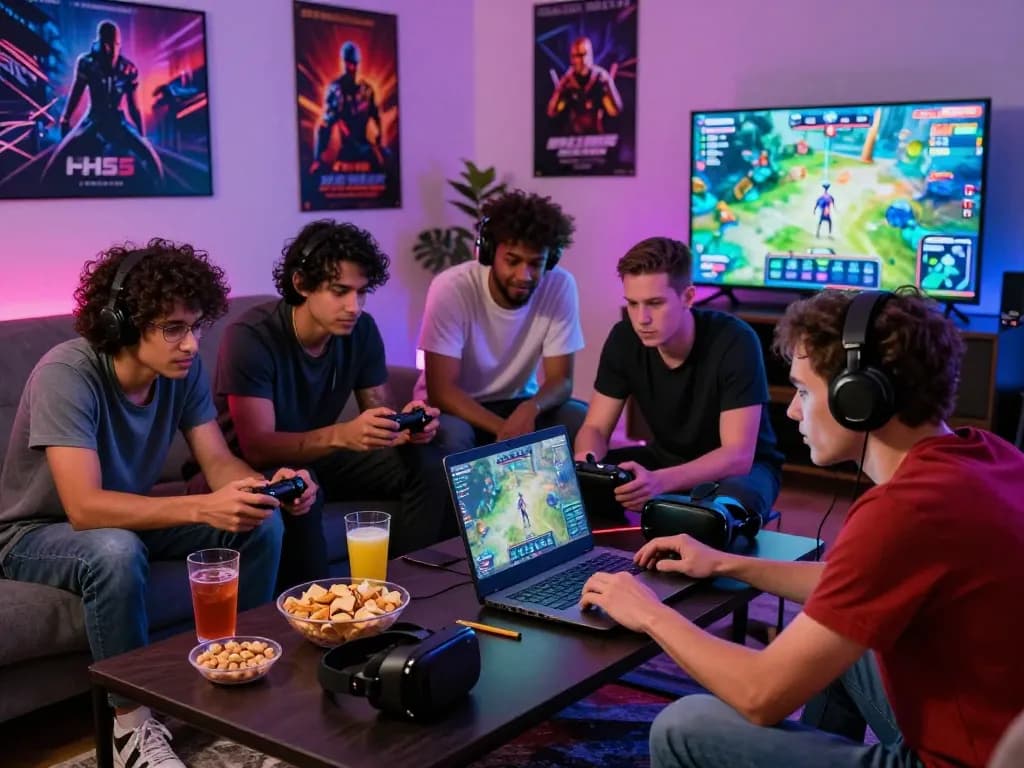 Friends playing HH55 online games in a vibrant living room setting, showcasing an engaging gaming experience.