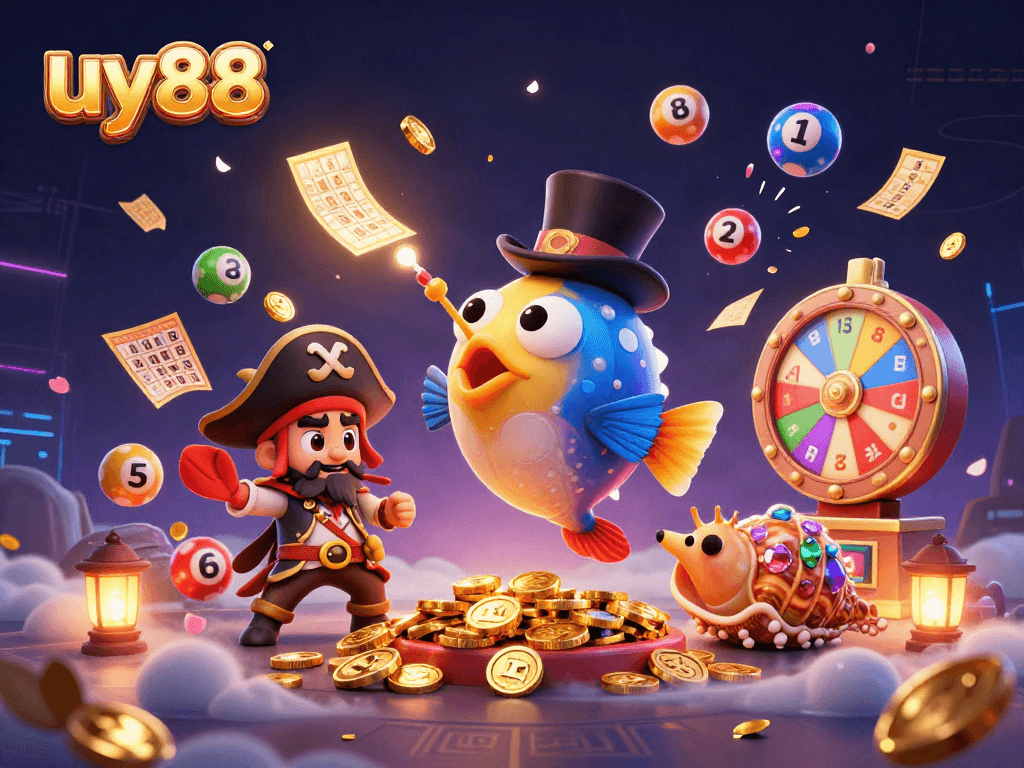 uy88 lottery scene with anglerfish, shrimp, and treasure snail surrounded by colorful game elements