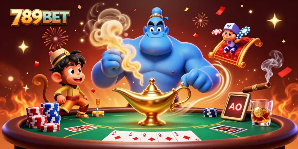Engage with the thrilling world of 789BET featuring a whimsical 3D genie and poker elements.