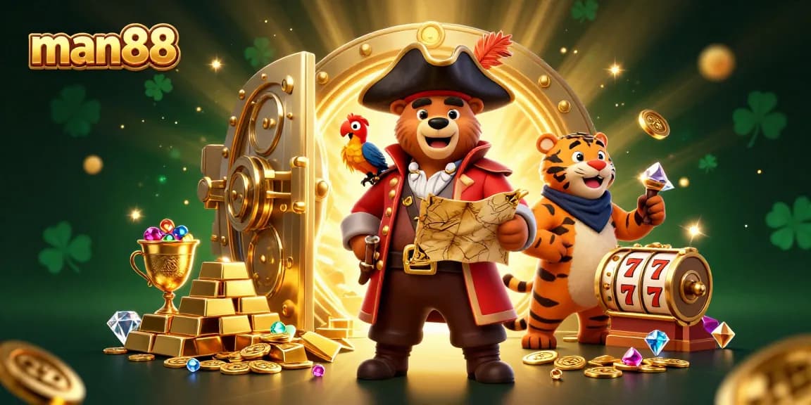 Experience thrilling adventures at man88 with 3D pirate casino scene filled with treasures and slot reels.