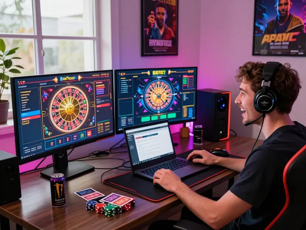 Engaged player enjoying 887bet online gaming experience with multiple screens