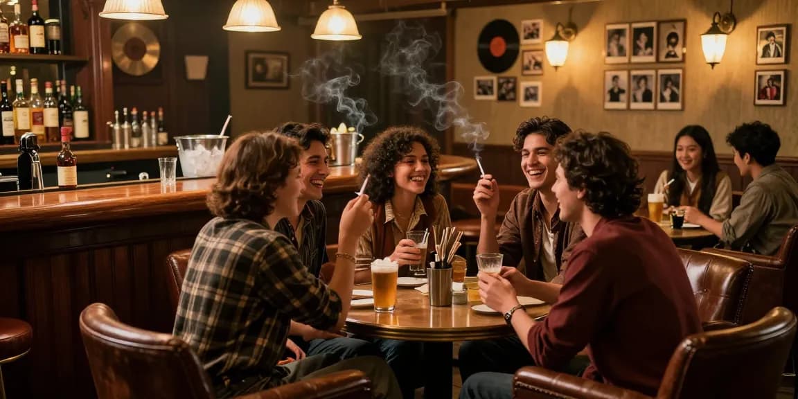Friends enjoying drinks in a vintage bar showcasing rokok88 atmosphere.