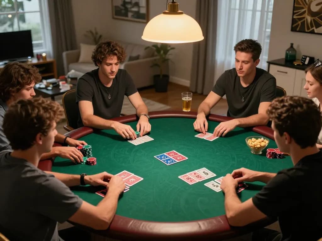 Engaged players enjoy a strategic poker game at home with NK88 net atmosphere, showcasing friendly competition and analysis.