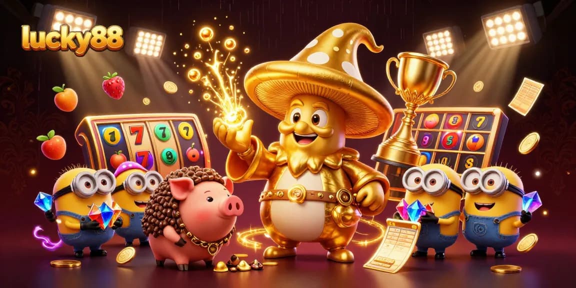 Engage with exciting lucky88 slot gameplay featuring a golden mushroom wizard and dynamic casino elements.