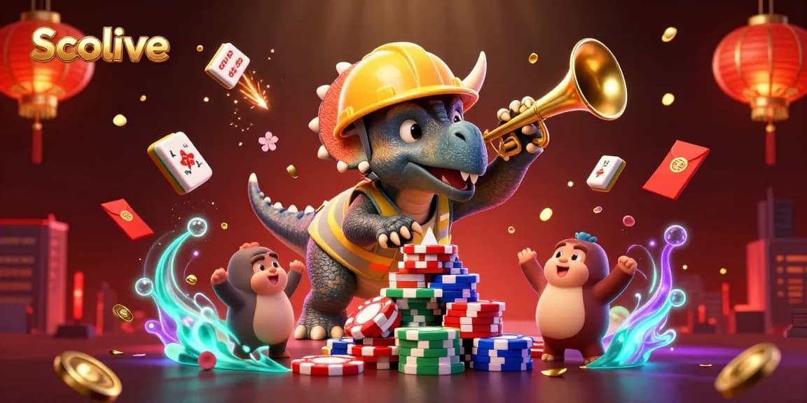 Socolive captures the excitement of live casino with a vibrant 3D illustration of a triceratops building poker chips.