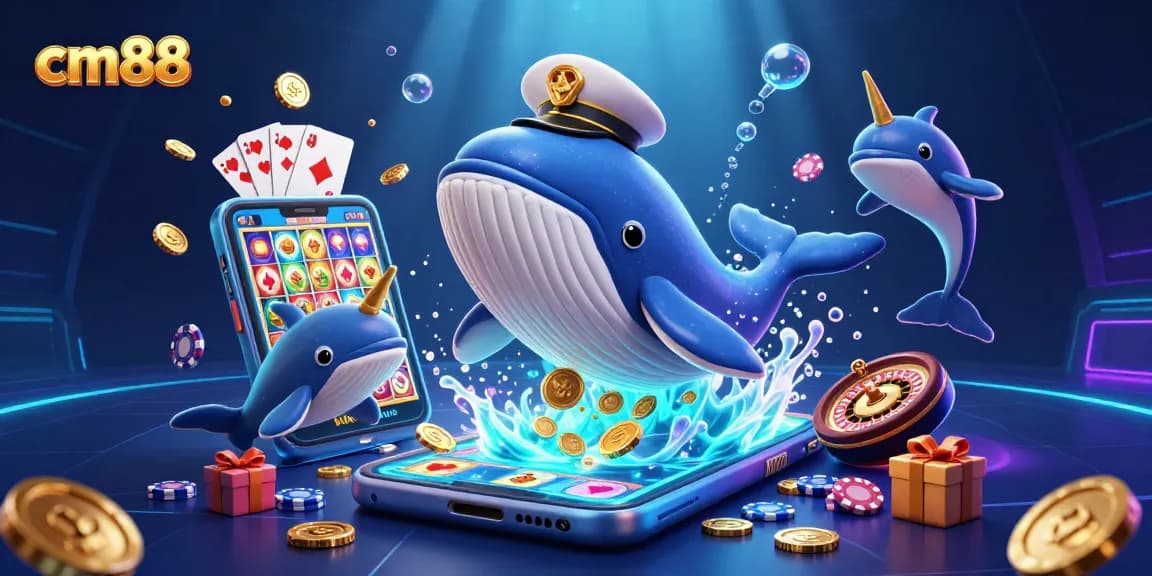 Discover exciting games at cm88, featuring a 3D whale and dolphins immersed in coins and slot games.