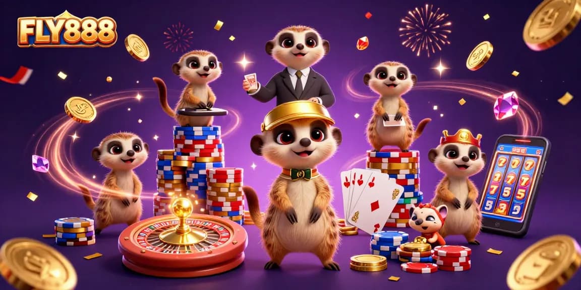 Engage with FLY888 in this dynamic illustration of meerkats operating a vibrant casino scene.