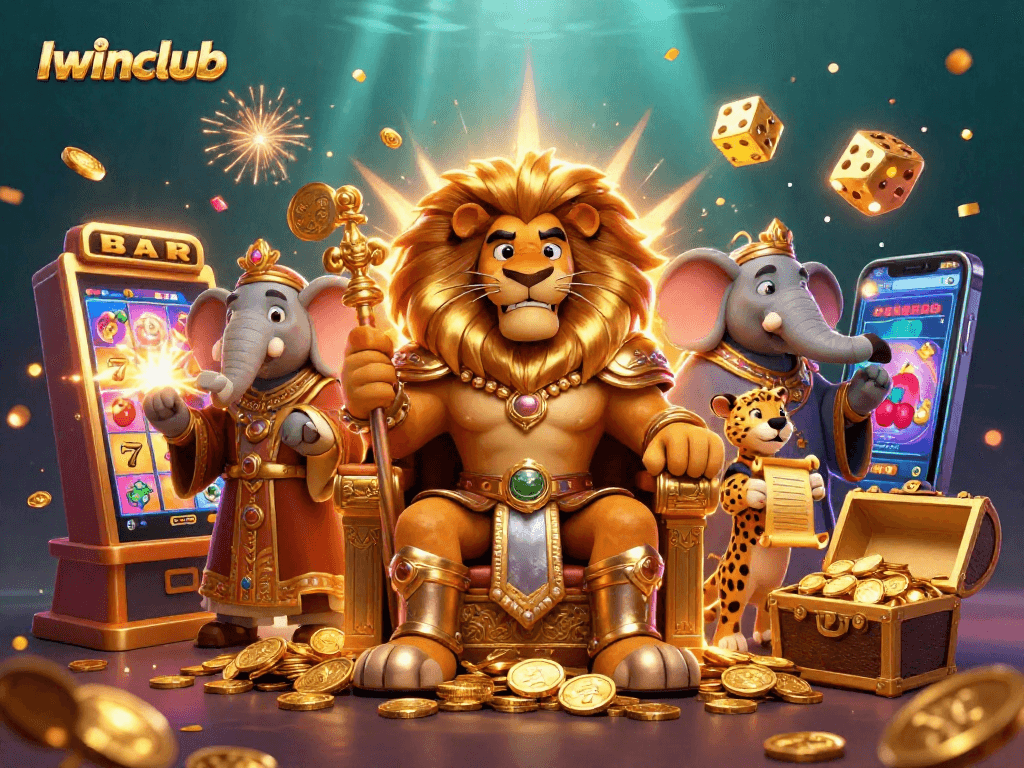 Iwinclub showcases a vibrant 3D casino scene with a lion king, elephant advisor, and cheetah messenger among jackpot-winning symbols.