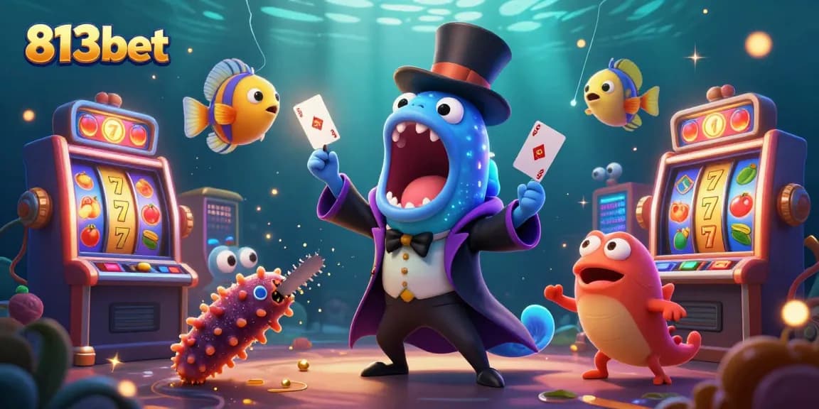 Aposte e ganhe prêmios no 813bet com esta ilustração divertida de caça-níqueis e personagens marinhos.