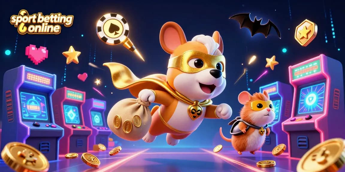 Engage in sport betting online with a vibrant 3D scene featuring a superhero dog and hamster amidst casino action.