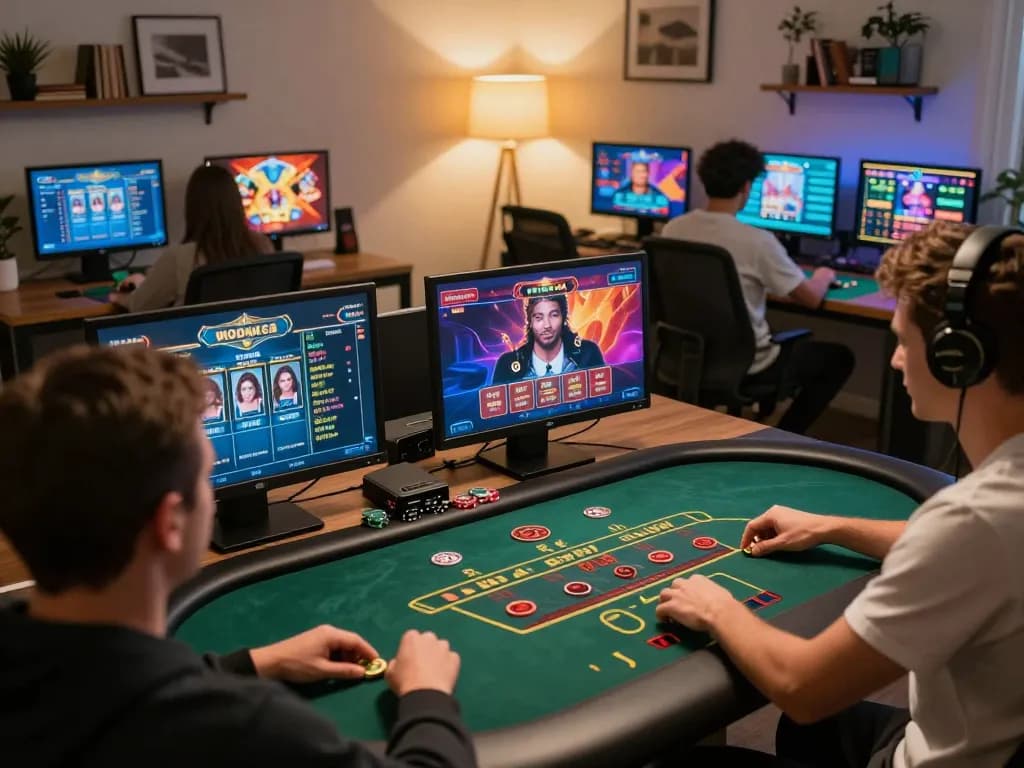 Engaged players examining tỷ lệ kèo on their screens during an online casino session.