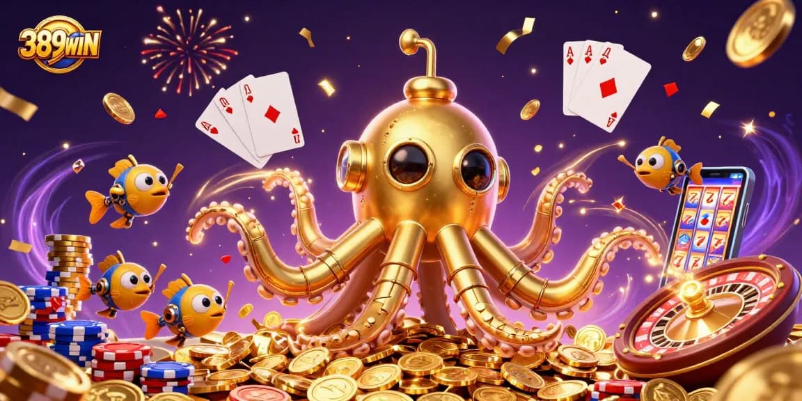 Experience the thrill of gambling at 389WIN with golden kraken submarine and vibrant slot elements.