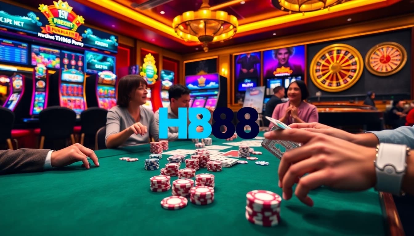 Engage with hb88 link at a vibrant casino table featuring poker chips and cards.