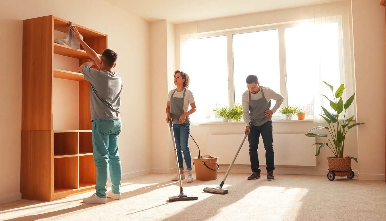 Professional move out cleaning Atlanta showcasing a team cleaning an empty living room.