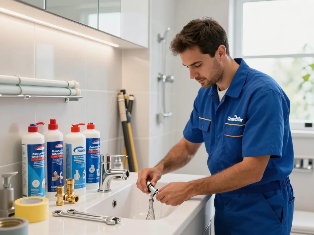 Plumber in São Paulo repairing sink with PEX pipes and tools.