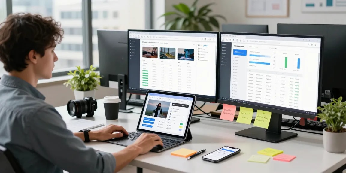 Espaço de marketing digital com análises em telas, mostrando a experiência multicanais em ação.