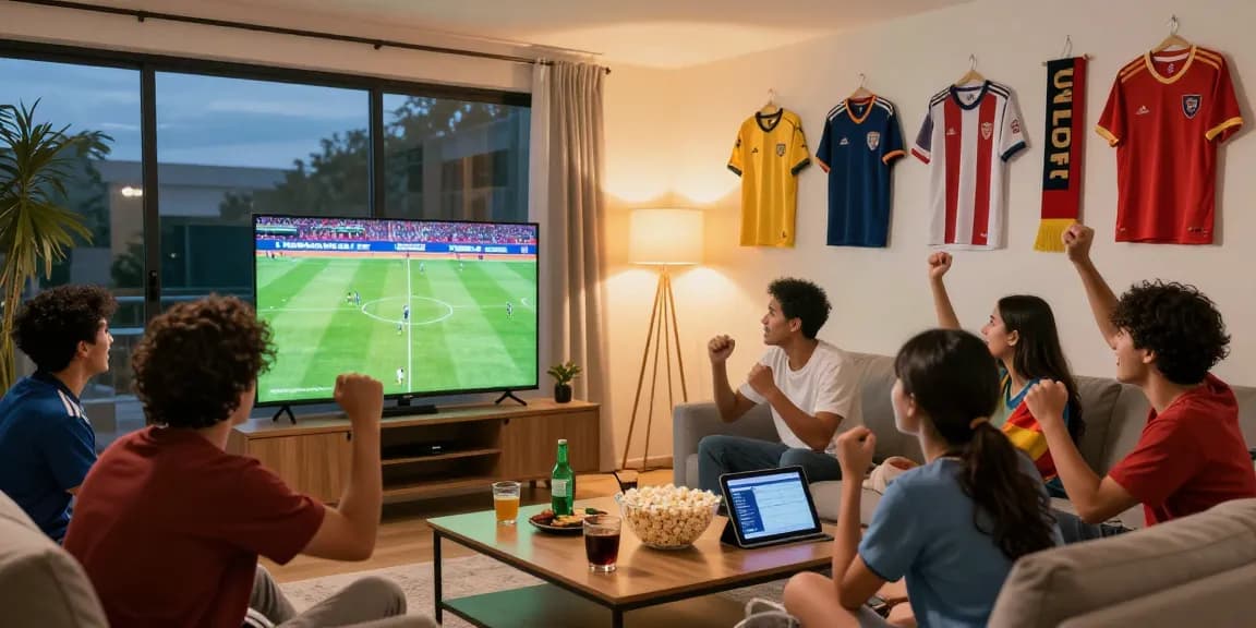 Group of friends enjoying live football on Multicanais in a cozy living room.