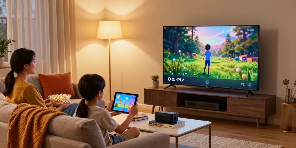 Família aproveitando o bestbraziliptv na sala de estar aconchegante.