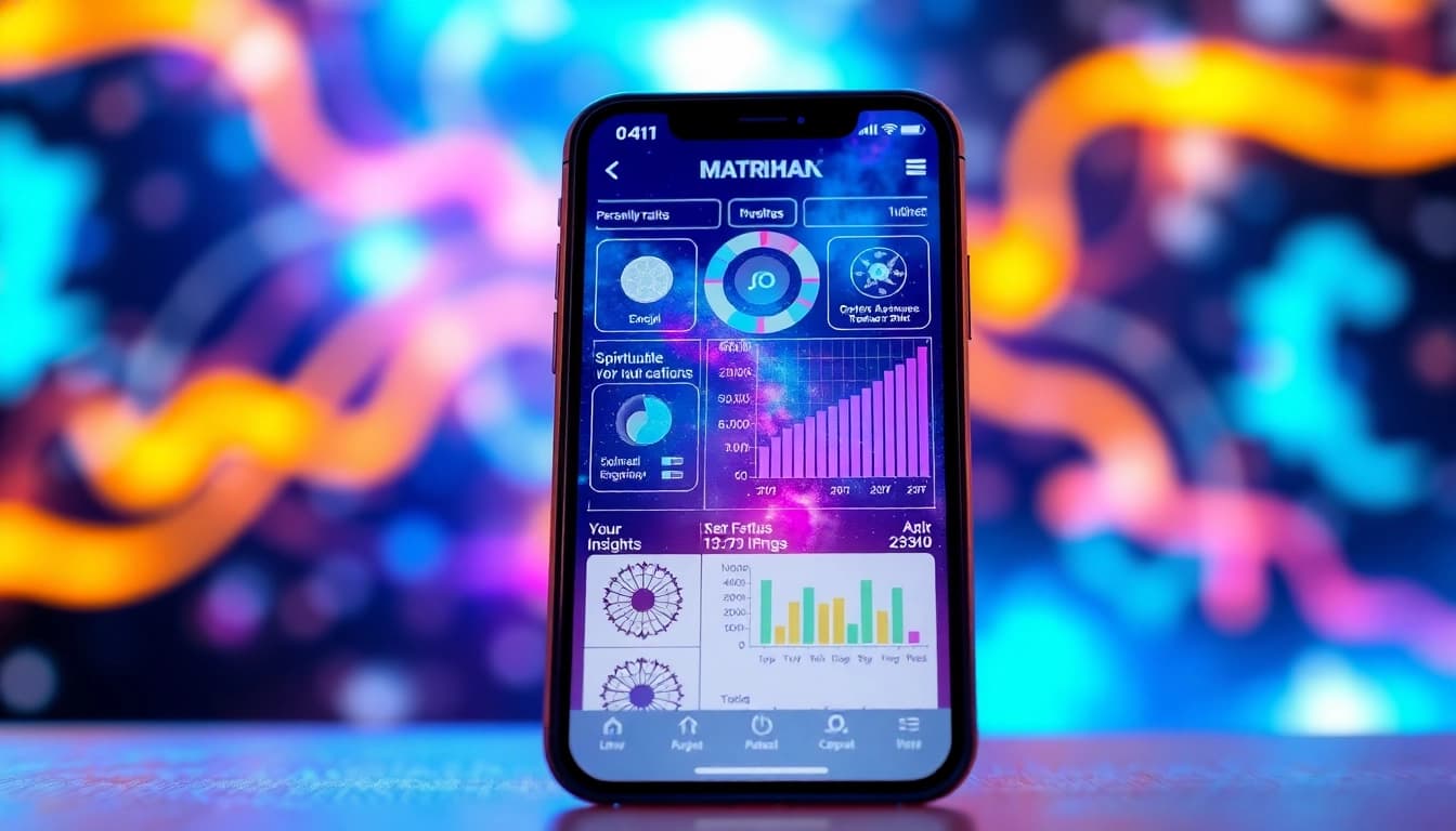 Interface display of the Destiny Matrix Chart App showcasing personalized insights and cosmic themes.