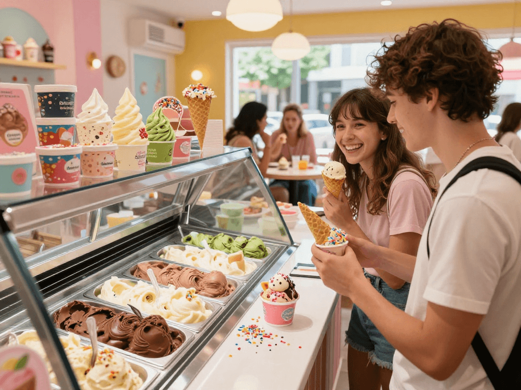 Delightful rokok88 login experience with vibrant ice cream flavors on display, showcasing delightful treats.