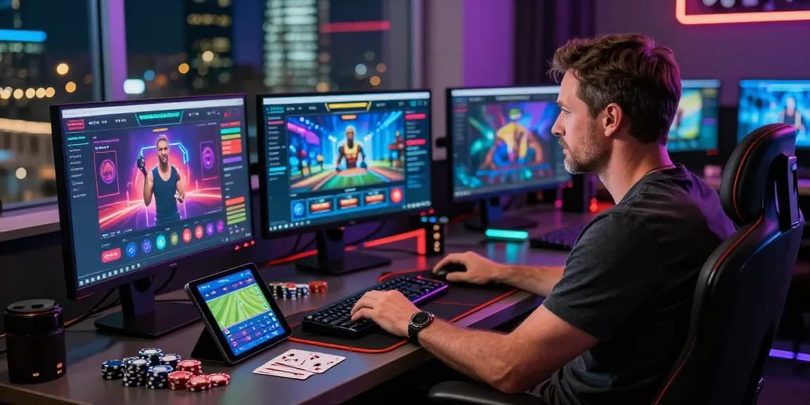 Exciting gambling scene showing a man using rokok88 link alternatif with gaming interfaces and city lights.