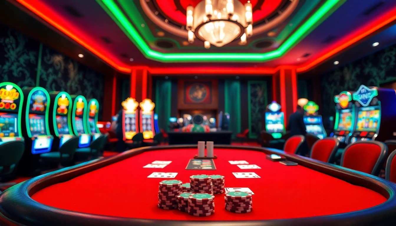 Jeu de table de casino en ligne fiable avec des jetons et des cartes, ambiance animée.
